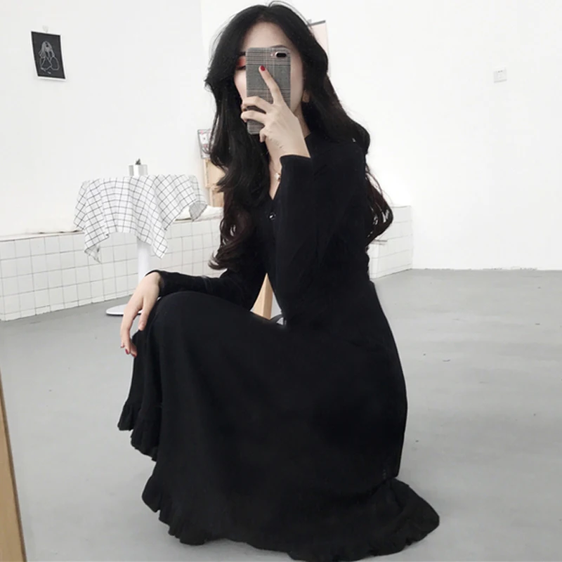 

2020 spring and Autumn New Women's Korean V-Neck long sleeve waist closing wood ear edge A-shaped dress with bottoming