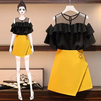 

ICHOIX plus size women summer outfits Korean elegant 2 piece skirt set ruffles off-shoulder tops and skirt set women 2 piece set