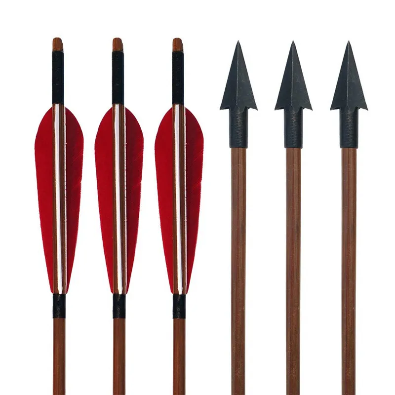 6pcs Archery Bamboo Arrows Handmade 5" Turkey Feather With Hunting Broadhead Bamboo Arrow Outdoor Hunting Shooting Accessories