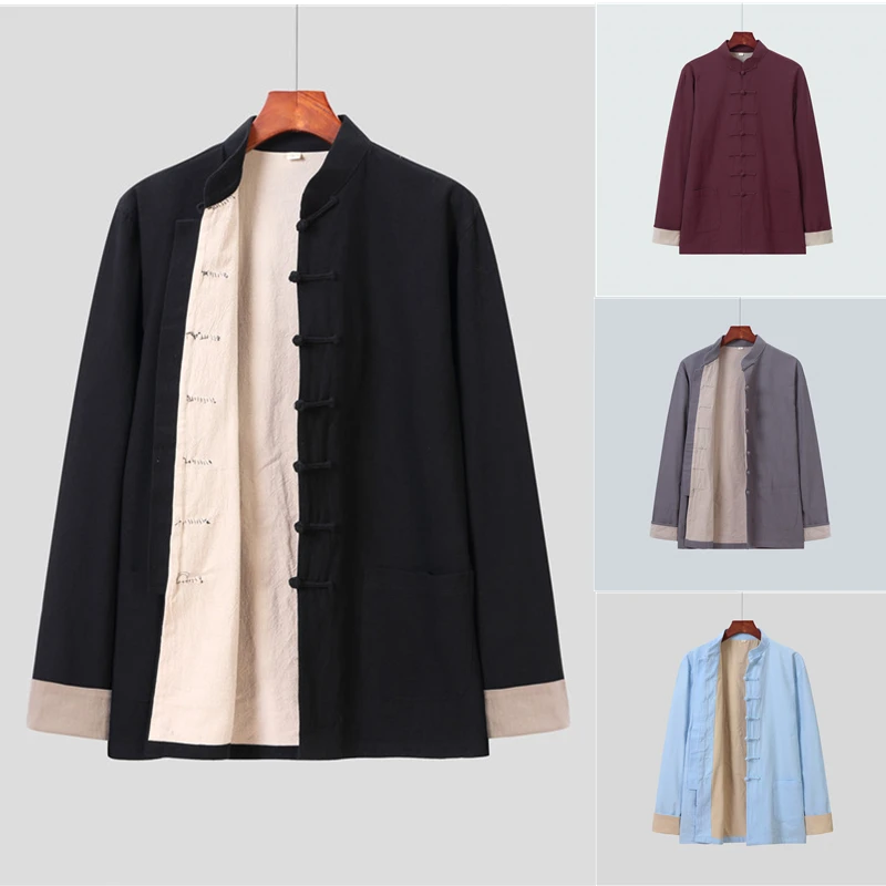 Male Traditional Chinese Style Shirt Retro Autumn Solid Tang Suit Linen Men Buckle Casual Coat Double Layer Thick New Jacket