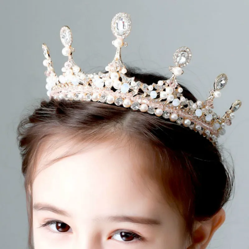 

Princess Crown Pink Imitation Crystal Wedding Bridal Hair Accessories Retro Girl Graduation Party Children Performance Dress Up
