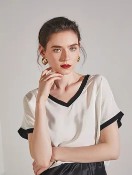 

C0438 Spring Summer SilkT-shirt Women Loose V-neck Short-sleeved Tshirt Silk Tops White Tees High-end Quality Women's Clothing