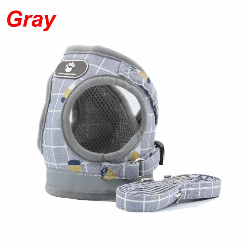 Gray Костюм для домашних животных, поводок для собак, Регулируемый жилет, светоотражающий мягкий дышащий клетчатый ошейник для щенков, для маленьких, средних и больших собак - Цвет: Gray