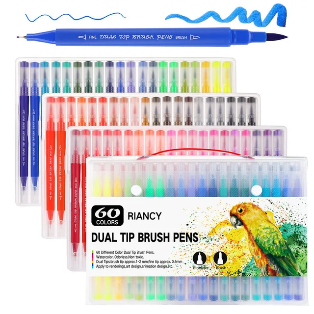 60 Color Barrel 12/36/48/72/100/120 Цвет Fine Liner двойной наконечник кисть фломастер Рисование Раскрашивание воды Цвет художественный Маркер ручки школьные принадлежности - Цвет: 60 Color Barrel