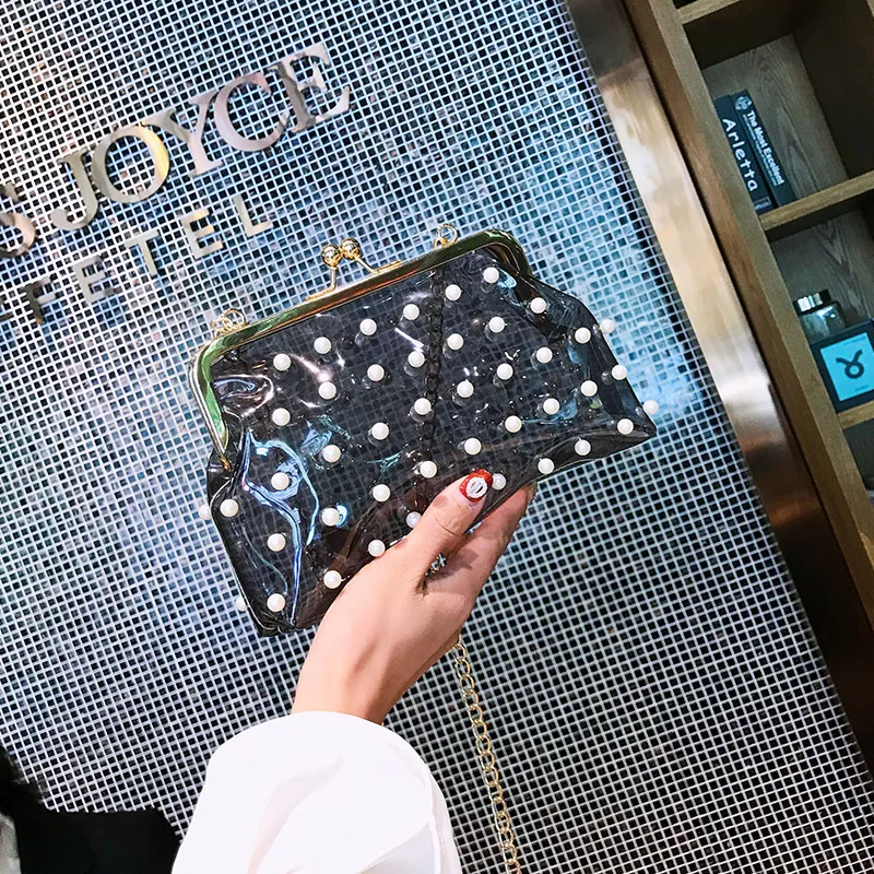 

WOMEN'S Bag 2019 New Style zhen zhu bao Fashion Transparent Shoulder Clip Cool Laser Chain Casual Hand Bag
