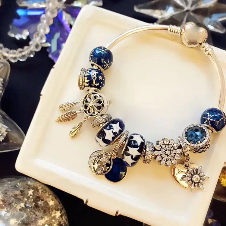 

High Quality 1:1 100%925 Sterling Silver Star Glaze Beads Retro Flower Snowflake Bracelet Free Shipping