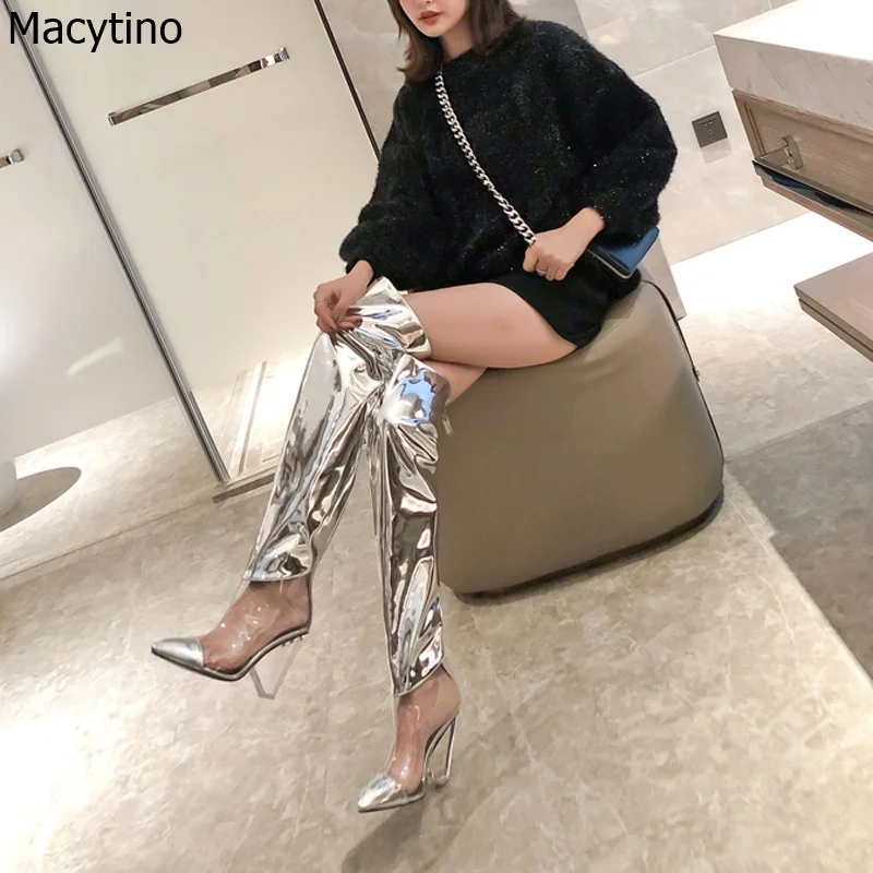

Women Boots Mirror Silver Pointy Toe Clear High Heel Thin Heels Over The Knee Long Boots Autumn Winter Casual PVC Party Shoes