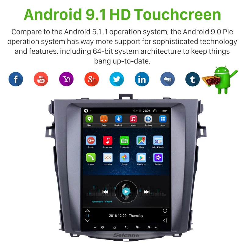 Seicane Car Multimedia Player For 2006 2007 2008-2012 Toyota Corolla Android 9.1 HD Touchscreen Blu