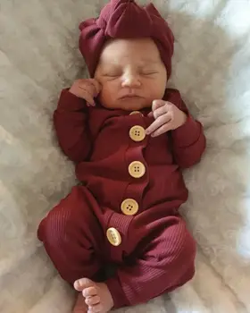 

Newborn Infant Baby Girls Boys Long Sleeve Romper Knitted Jumpsuit+Headband Clothes Outfits Solid Plain Cotton Bodysuit 2Pcs Set