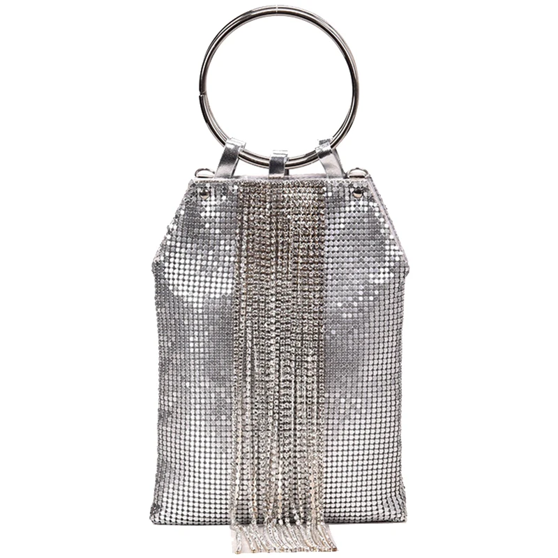 New Fashion Party Ring Rhinestone Silver Sequin Tassel Chain Dinner Clutch