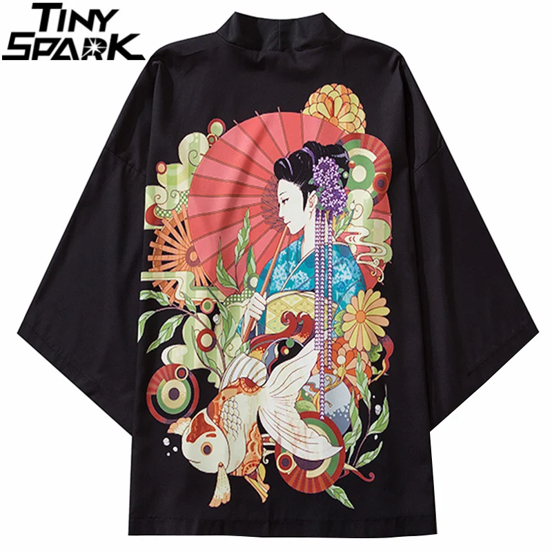 Японское кимоно куртка Koi Fish Geisha Harajuku 2021 хип-хоп Мужская Уличная летняя тонкая