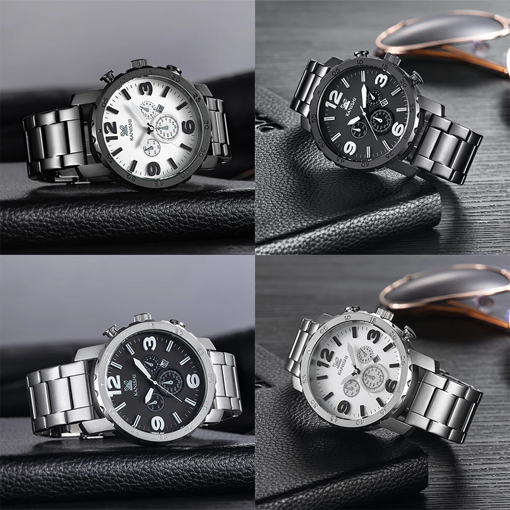 1069 KANISHI Trendy Design Men Round Case Stainless Steel Strap Wrist Watch Dress Wrist Watch Men Male Best Birthday Gifts