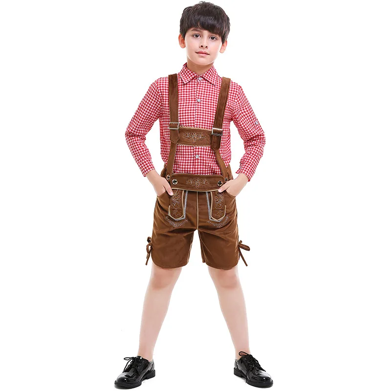 

110-160cm Kids Boys Embroidery Suspenders Shorts With Plaid Shirt Outfit Party Dress Up for Child Bavarian Oktoberfest Festival