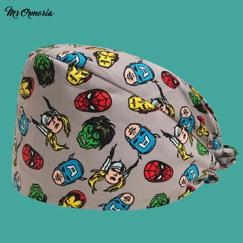 

new Cartoon printed men and women 100% cotton pet hospital doctor nurse cap elastic band operating room surgical cap doctor cap