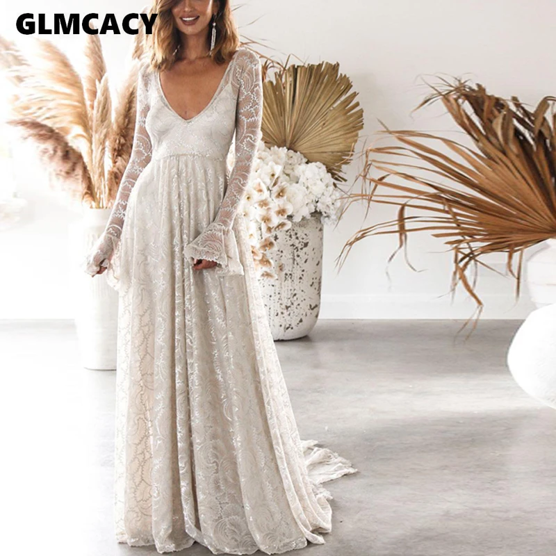 

Women Sexy Deep V-neck Hollow Out Long Sleeve A-line Long Dress Elegant Solid Floral See Through Lace Floor-length Dress