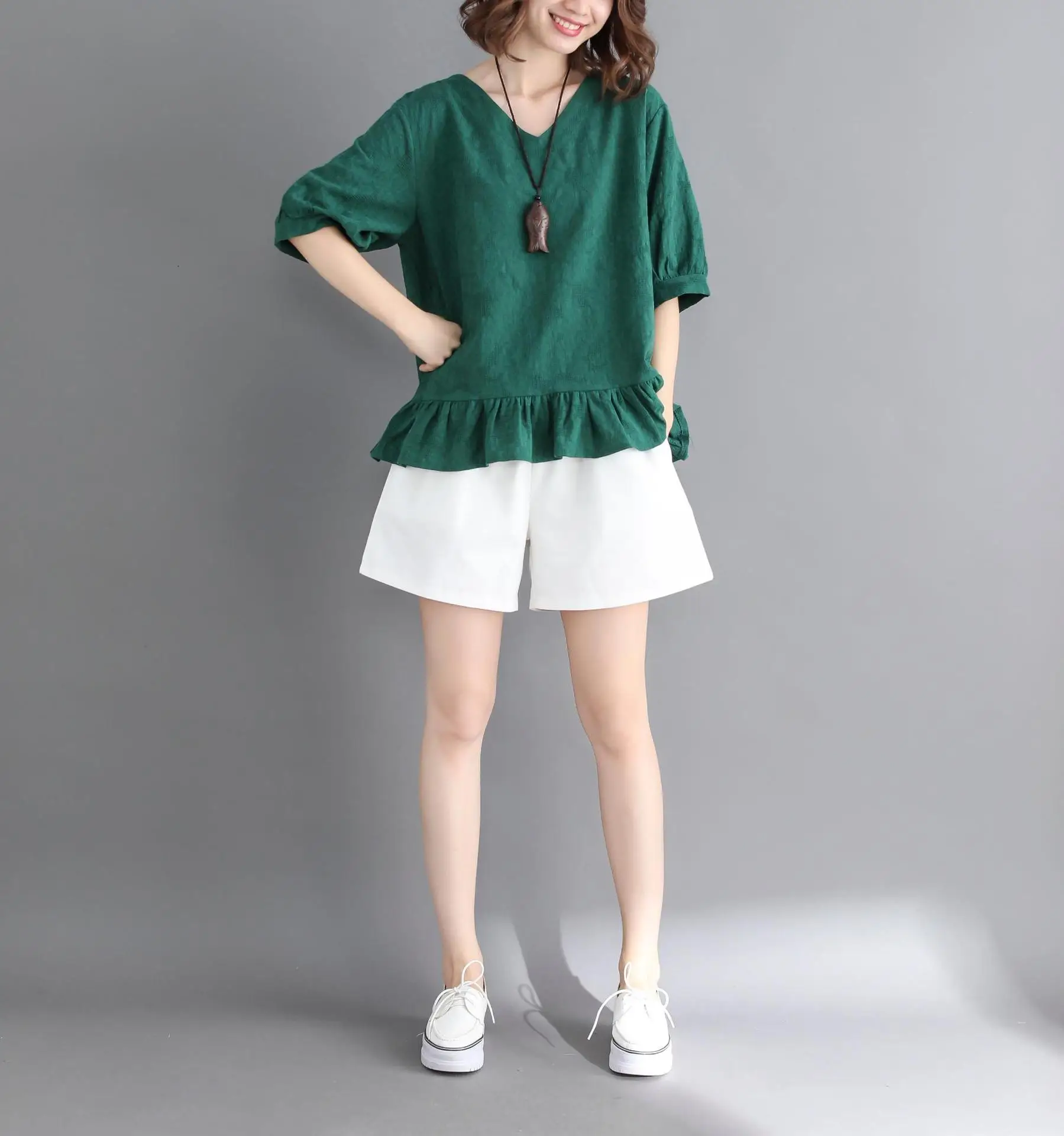 

Photo Shoot Cotton Linen WOMEN'S Suit Summer 2019 Large Size Loose-Fit Literature And Art Jacquard Casual Shorts Flax Two-Piece
