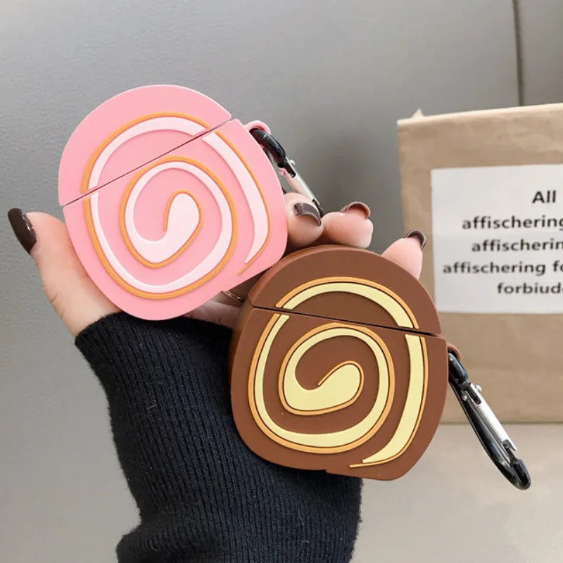 

Silicone Protective Case for Airpods1 2 Accessories Bluetooth Earphone Cute with Keychain Stereoscopic Swiss Roll Design Luxury