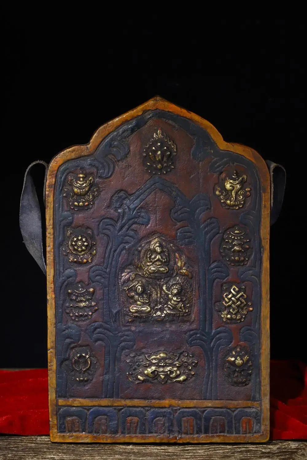 

16" Tibet Buddhism Temple Old Bodhi root Painted mosaic Bronze Three Buddha Statue Sakyamuni Amitabha Amulet Tag Thangka