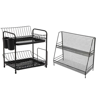 

Dish Rack Set 2-Tier Kitchen Organizer Tools & Double Layers Rack Metal Kitchen Bedroom Desk Organizer Black