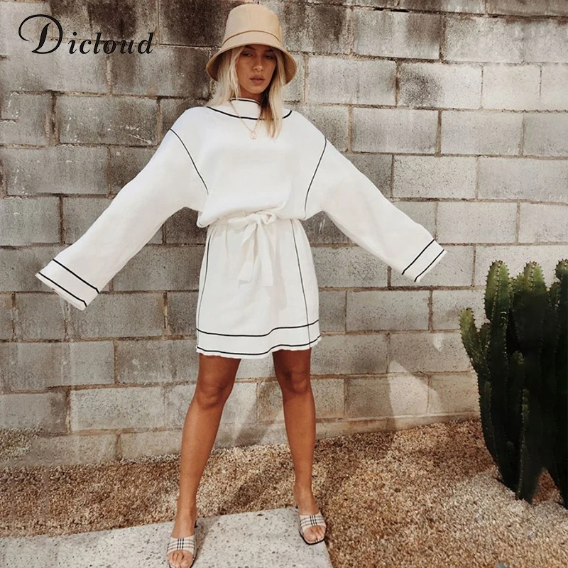 DICLOUD, белый вязаный свитер, платье для женщин, зима, большой размер, водолазка, длинный рукав, Теплое повседневное мини-платье с поясом, плюс размер