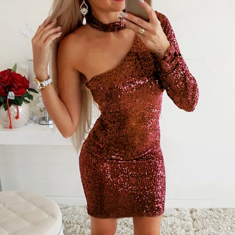 Wine Red Сексуальное платье с одним плечом, платье без рукавов, платье с пайетками, Для женщин Весна с лямкой на шее с длинным рукавом блестящие вечерние платье осень нарядное яркое шелковое мини-платье - Цвет: Wine Red