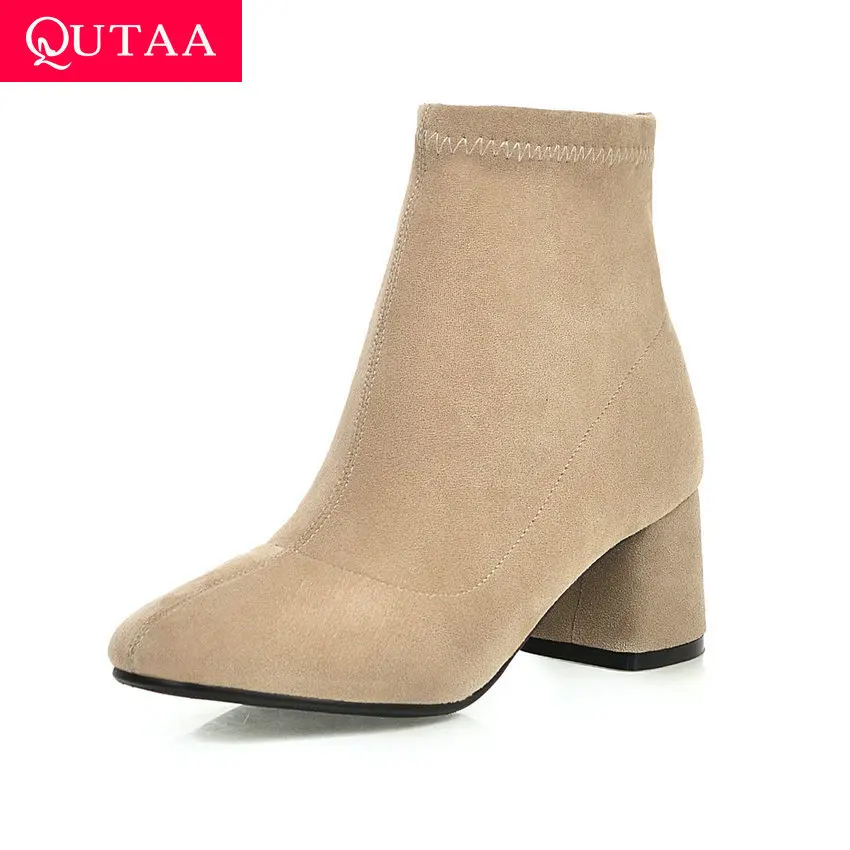 QUTAA/ Элегантные ботильоны в стиле ретро с квадратным носком на толстом каблуке модная теплая женская обувь на молнии; сезон осень-зима большие Size34-43