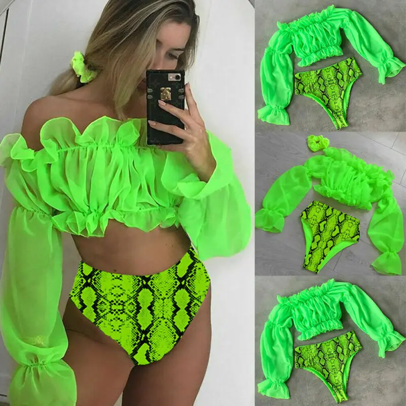 

2Pcs Brazilian Summer Women Sexy Swimwear Bikini Set Ruffle Off-shouler Top + Snake Print Thong Bottom Female Swimsuit Biquinis
