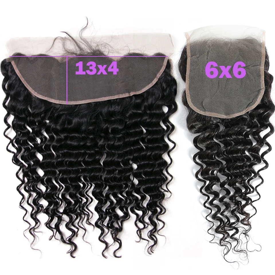 Human Hair Extensions Deep Wave 6x6 5x5 HD Transparent Lace Closure 8-24inch Peruvian Human Hair 13x4 Lace Frontal Natural Color Pre-plucked Hairline