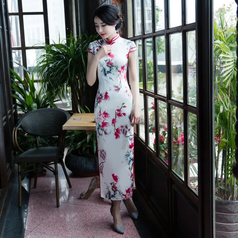 Cross Border Spring New Style Short Sleeve Real Silk Cheongsam Long Chinese-style Improved Slim Fit Sexy Dress Wholesale