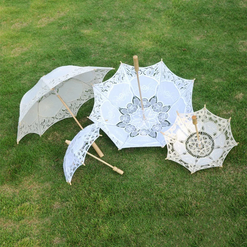 Bride Wedding Lace Umbrella 2021 Pure White Embroidered European Style Wooden Handle Wedding Props Wedding Decoration Umbrella