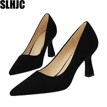 

SLHJC 2020 Spring Office Lady Pumps Brief 7.5 CM High Square Heels Shoes Formal Dress Party Work Shoes Pointy Toe Plus Size 42
