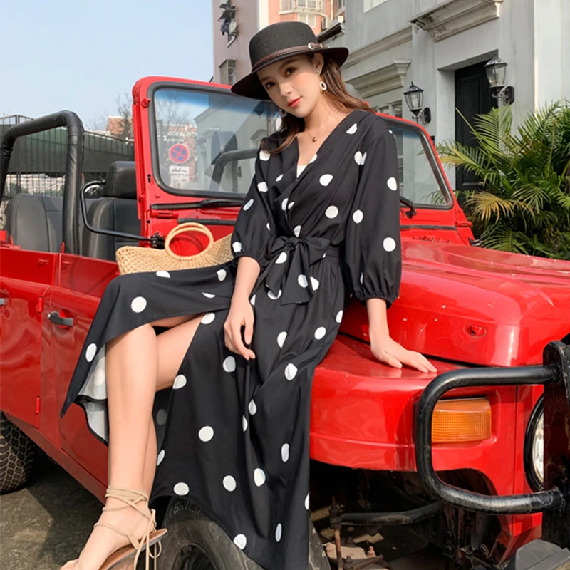 

Korean Vintage Dot Print Women Dress Casual Lantern Three Quarter Sleeves Beach Wear A-line Sashes V-neck Sexy Female Streetwear