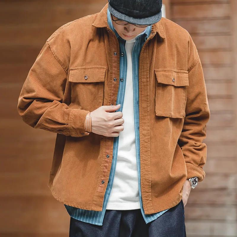 

Maden Retro Corduroy Shirts For Men Pocket Casual Vintage Shirt Jackets Solid Loose Harajuku Batwing Coat Men's Clothing