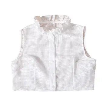 

2020 New Pastoral Vintage Fake Collar Pleated Ruffles Stand Up Plaid Tank Top Half-Shirt