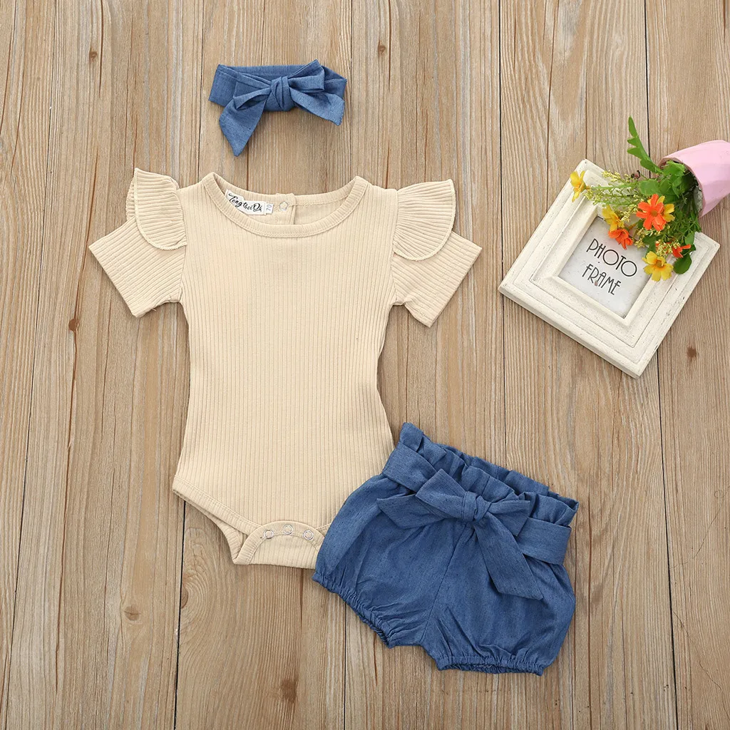 3 pçs do bebê meninas roupas infantis conjunto soild cor plissado algodão macio macacão bowknot denim verão shorts outfits 6m 24m|Conjuntos de roupas| -