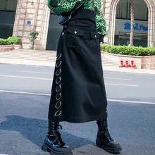 MEVGOHOT, Женская высокая уличная юбка с металлическим кольцом, черная юбка с высокой талией размера плюс, карманы, длина по щиколотку, осенняя юбка HD2857