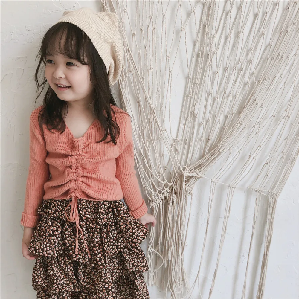 

2019 Autumn New Arrival Girls Fashion Knitted Sweaters Kids Candy Color Sweater Drawstring Pullover