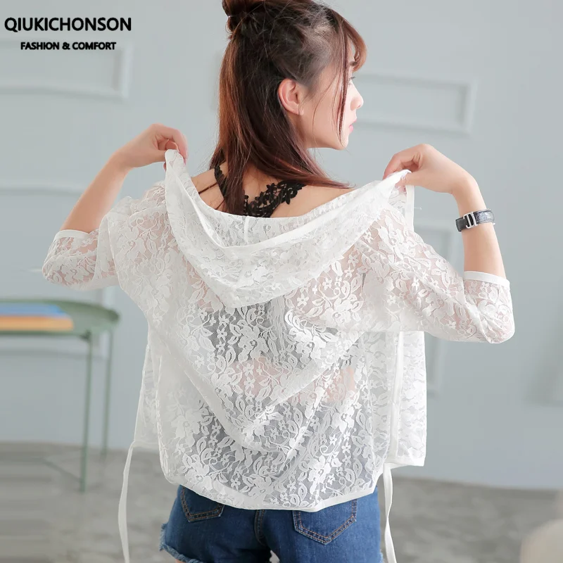 Sun Protection Women Crop Tops 2021 Summer Thin Transparent Lace Cardigan Sheer Hooded Sunscreen Jacket