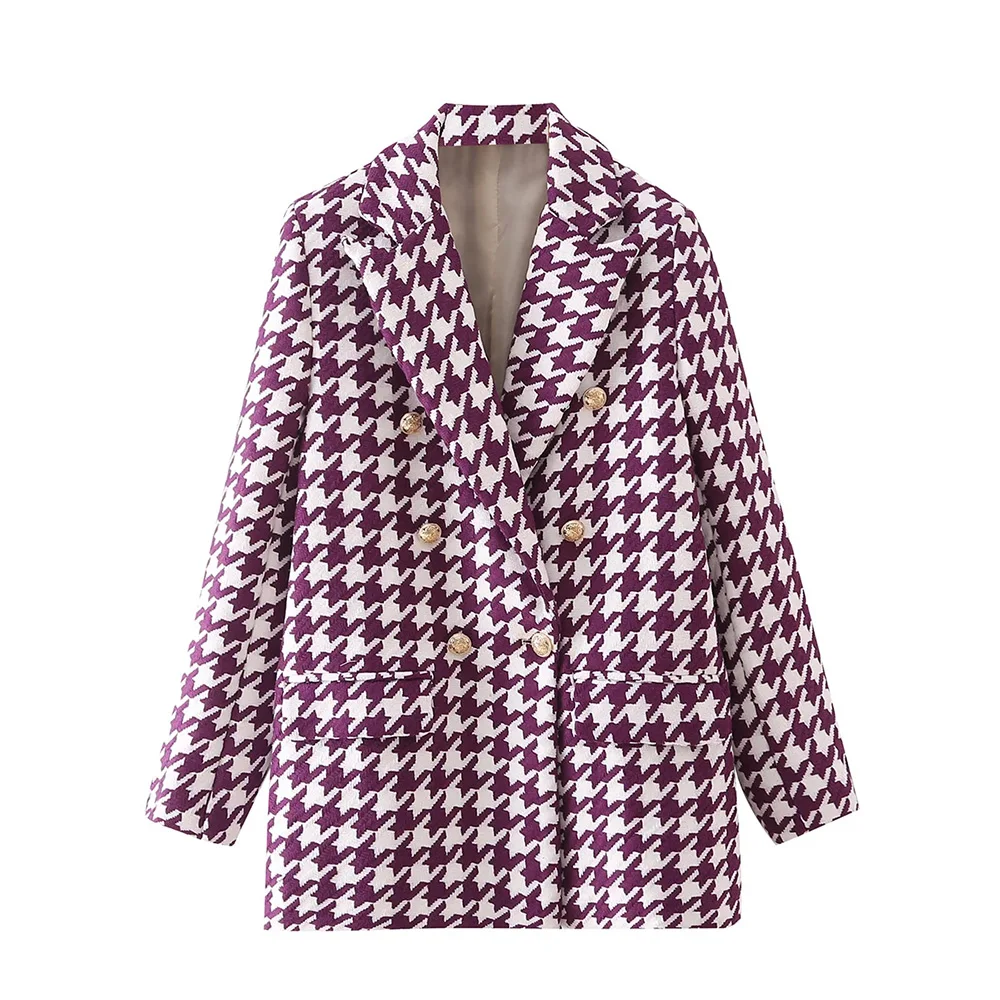 

DYLQFS 2021 Tweed Women Vintage Purple Houndstooth Long Sleeve Office Lady Blazer Female Double Breasted Streetweaer Lady Suit