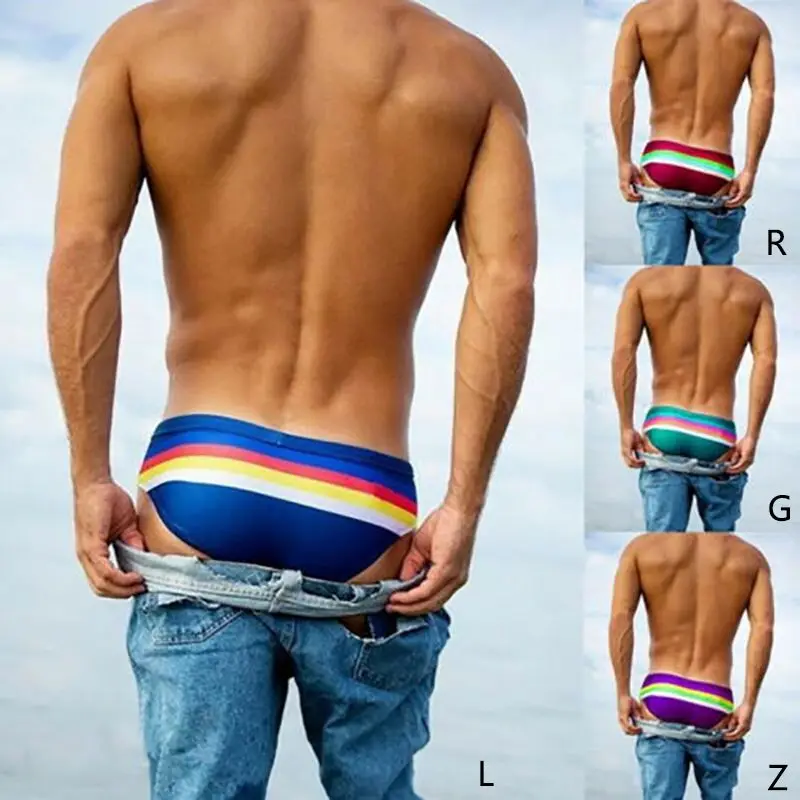 Men Striped Low Waist Swim Briefs Breathable Elastic Cotton Beach Trunks Swimwear New