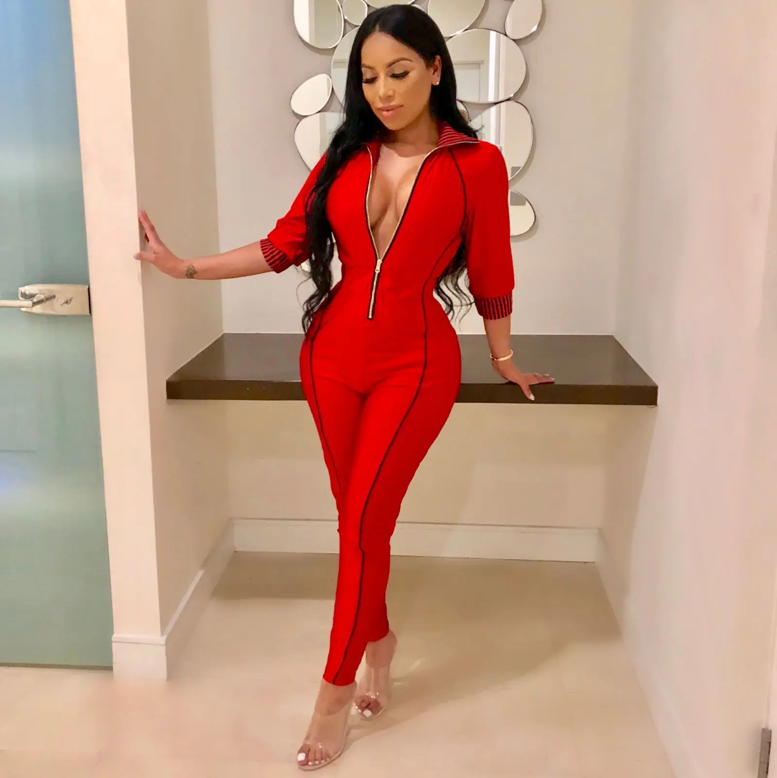 

Sexy Tight-fitting Jumpsuit 2019 Autumn and Winter Women's Solid Color Sexy Zipper Lapel Jumpsuit Mameluco Mujer Combinaison
