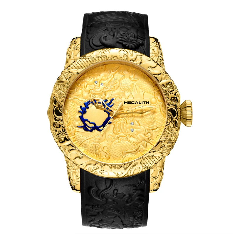 Goede MEGALITH Mode Mannen Horloge Top Luxe Merk Gouden Draak Sculptuur Horloge Mannen Quartz Horloge Waterdicht Grote Wijzerplaat Sport Horloges Man