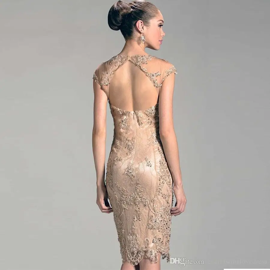 

Weddings Evening Party gown Women Sheer Neck Tulle Beaded Open Back Godmother Short lace Mother of the bride Groom Dresses