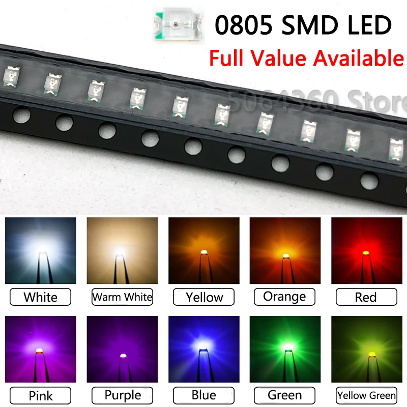 100pcs 0805 SMD LED Emitting Diode Kit Lamp Chip Light Beads Warm White Red Blue Yellow Green Orange Pink UV Purple Micro SMT | Лампы и