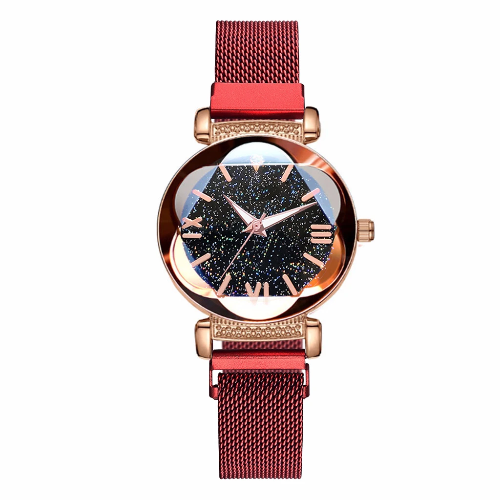 Лидер продаж женские магнитные пряжки звездное небо римские часы с цифрами роскошные женские кварцевые часы из нержавеющей стали Прямая поставка - Цвет: red