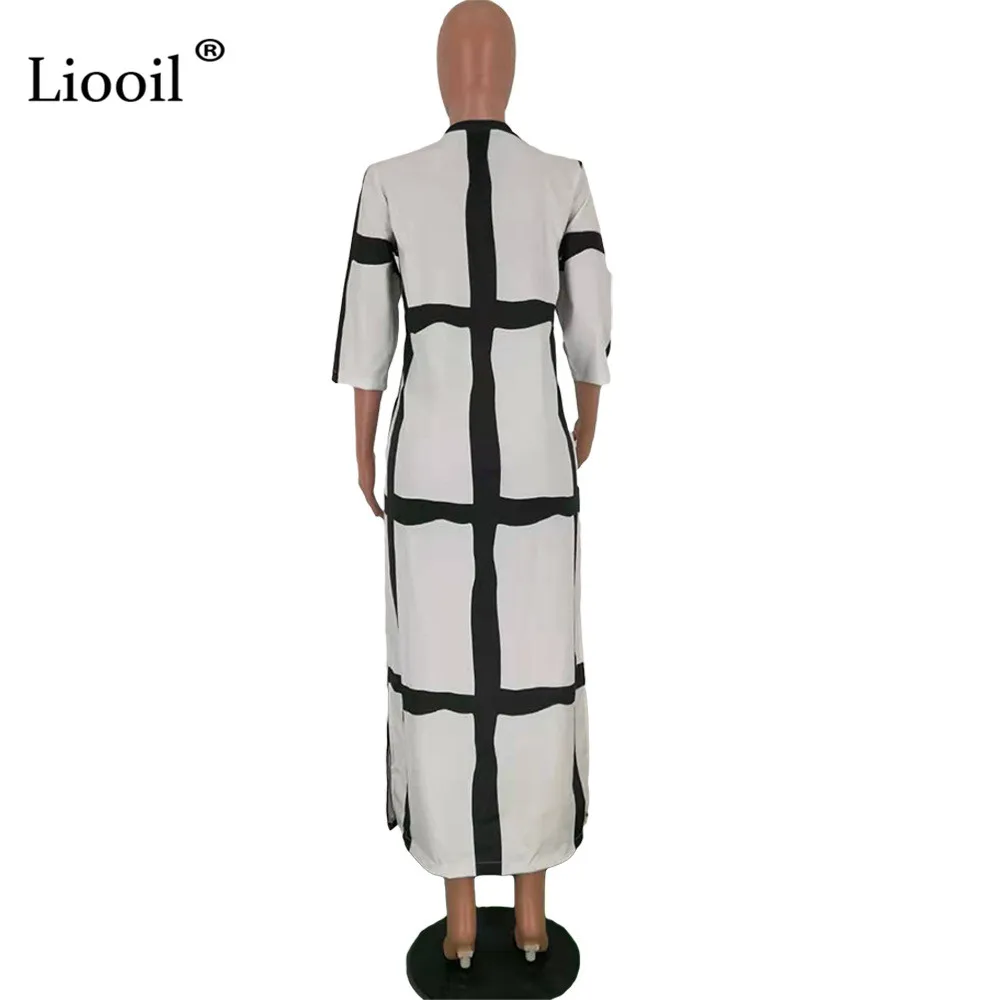 Liooil, черные, белые, сексуальные, в клетку, свободные, макси платья, женские, вечерние, для ночного клуба,, половина рукава, о-образный вырез, платье для женщин, модная одежда
