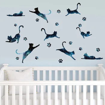 

Universe Cat Wall Stickers Blue Cat Footprint DIY Wall Art Decal Decoration Vinyl Wall Decals Sticker for Kids Room Home Decor