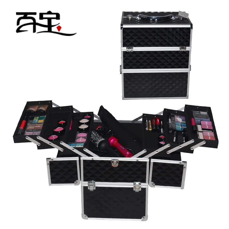 

Aluminium Alloy Black And White with Pattern Leather Cosmetic Case Portable Cosmetic Case Water Cube Fabric Double Open