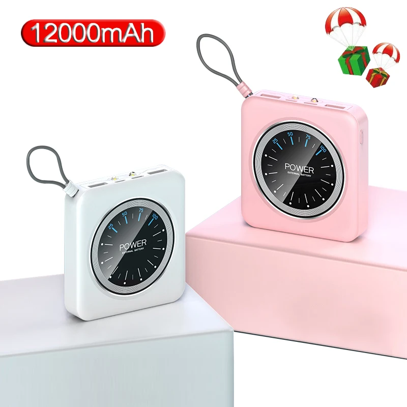 New Mini Power Bank 12000mAh Large Capacity Slim Portable Dual USB Watch Digital Display External Battery Pack for Smartphones | Мобильные