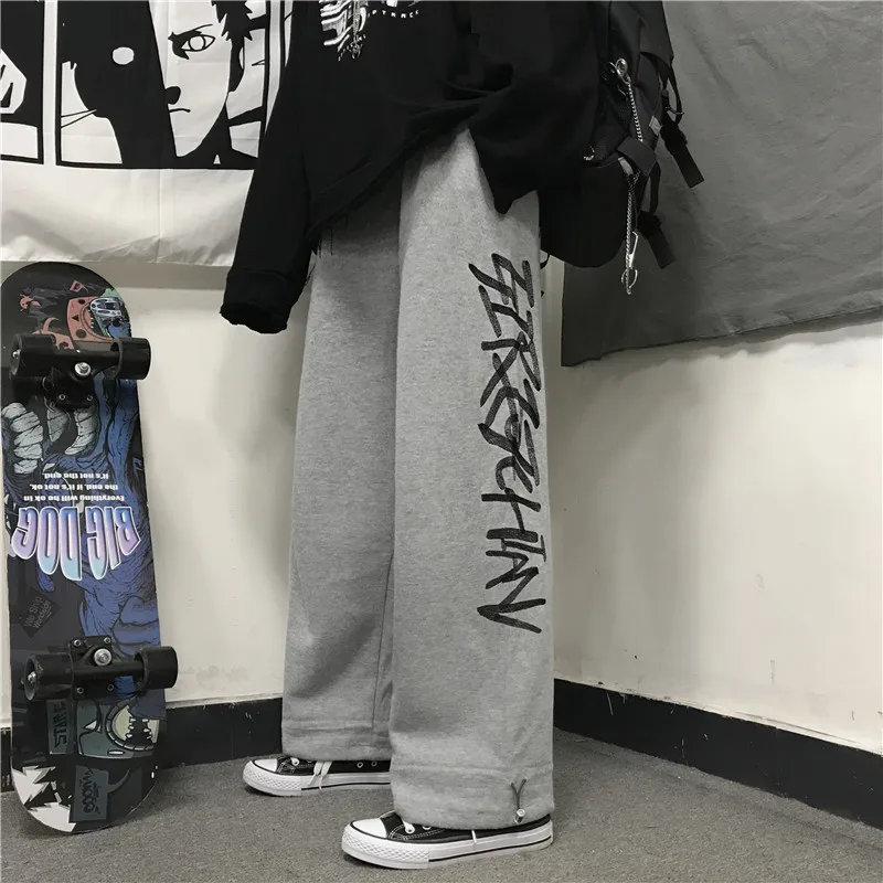 Личи Харадзюку письмо вышивка для женщин флис Jogger брюки для девочек свободные широкие брюки шнурок женские брюки теплые зимние женские низ